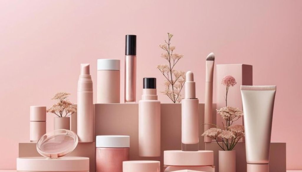 cosmetic products arranged together on pink background
