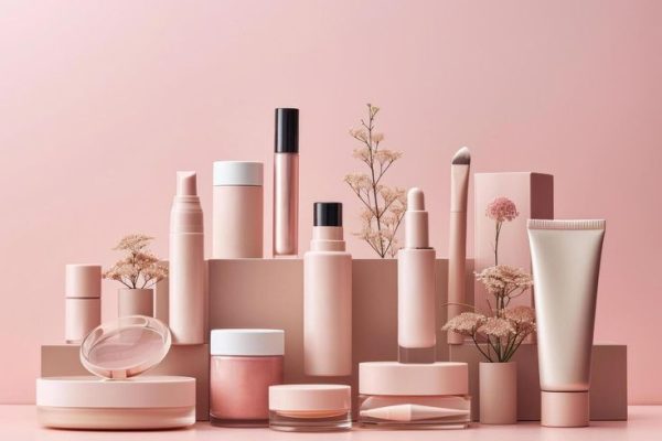 cosmetic products arranged together on pink background