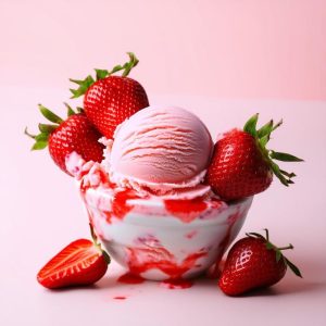 strawberry icecream served in a glass bowl with fresh strawberries