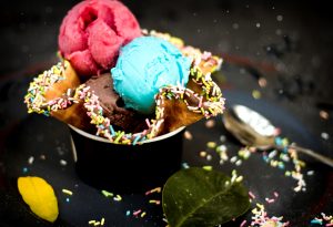 ice cream in waffle with candies